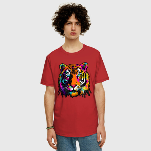Мужская футболка хлопок Oversize с принтом Голова тигра в цвете, фото на моделе #1