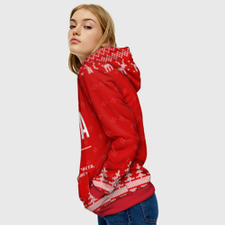 Толстовка с принтом Новогодний бариста: свитер с оленями для женщины, вид на модели спереди №3. Цвет основы: красный