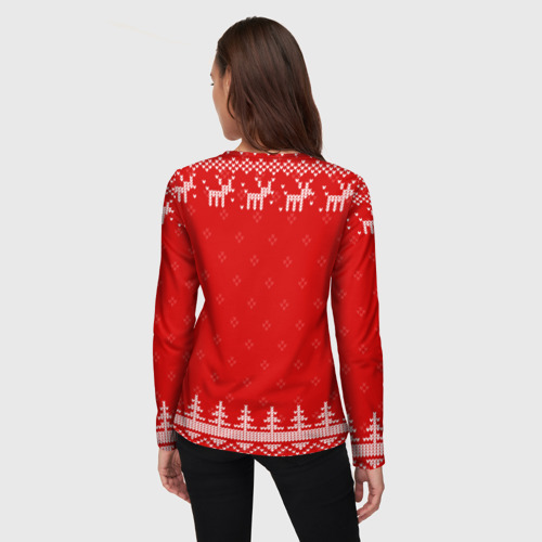 Женский лонгслив 3D с принтом Новогодний бариста: свитер с оленями, вид сзади #2