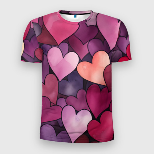 Мужская футболка 3D Slim Много акварельных сердец, цвет 3D печать