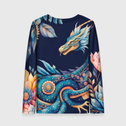 Лонгслив с принтом Китайский дракон в стиле бохо с цветами и перьями для женщины, вид сзади №1. Цвет основы: белый