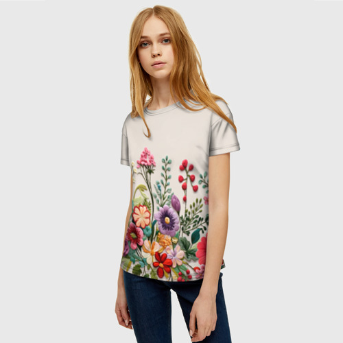 Женская футболка 3D Цветочная вышивка, цвет 3D печать - фото 3