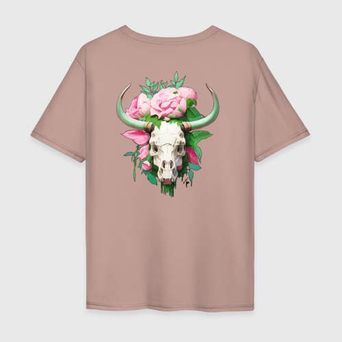 Мужская футболка хлопок Oversize с принтом Буйвол и розы, вид сзади #1