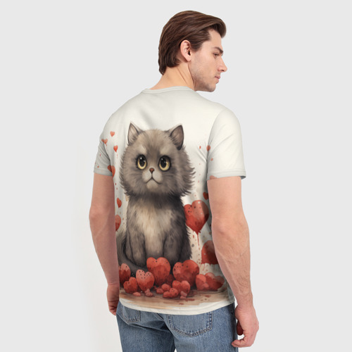 Мужская футболка 3D Влюбленный кот и сердечки, цвет 3D печать - фото 4