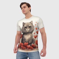 Мужская футболка 3D Влюбленный кот и сердечки - фото 2
