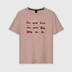 Женская футболка хлопок Oversize Красные грузовики с елками