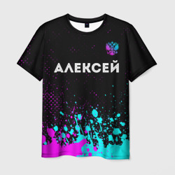 Мужская футболка 3D Алексей и неоновый герб России посередине