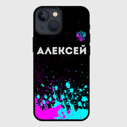 Чехол для iPhone 13 mini Алексей и неоновый герб России посередине