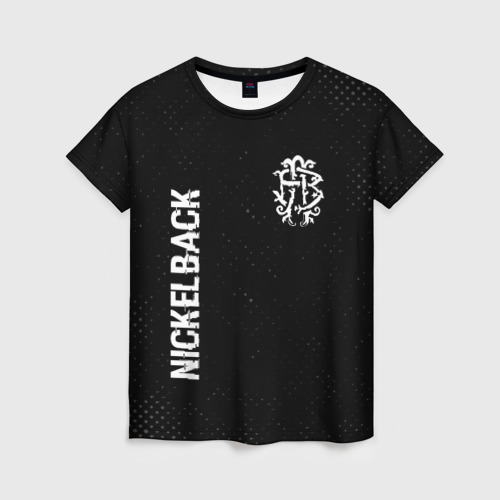 Женская футболка 3D с принтом Nickelback glitch на темном фоне вертикально, вид спереди #2