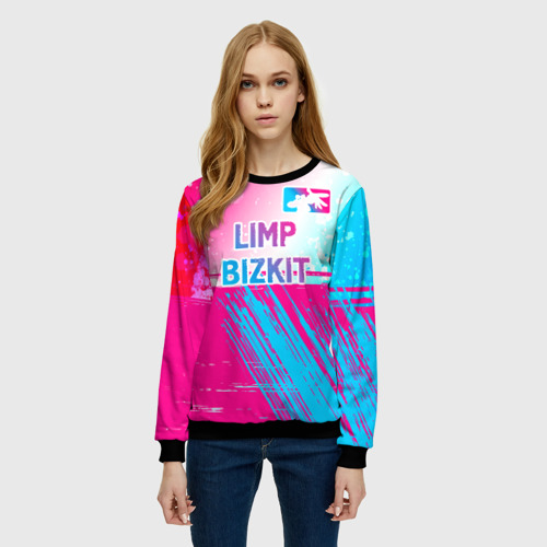 Женский свитшот 3D с принтом Limp Bizkit neon gradient style посередине, фото на моделе #1