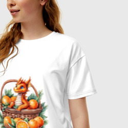 Женская футболка хлопок Oversize Оранжевый дракон 2024 как мандарин в корзинке  - фото 2