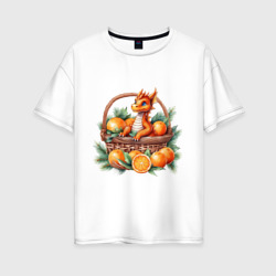Женская футболка хлопок Oversize Оранжевый дракон 2024 как мандарин в корзинке 