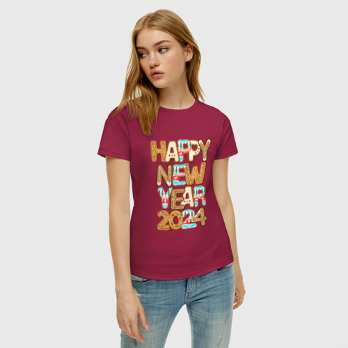 Женская футболка хлопок с принтом С новым годом 2024!, фото на моделе #1