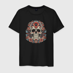 Мужская футболка хлопок Череп с цветами в стиле мексиканского дня мертвых