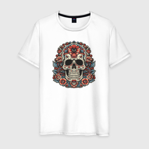 Мужская футболка из хлопка с принтом Череп с цветами в стиле мексиканского дня мертвых, вид спереди №1