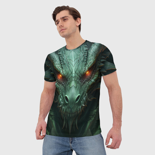 Мужская футболка 3D с принтом Зеленый дракон со светящимися глазами, фото на моделе #1