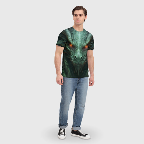 Мужская футболка 3D с принтом Зеленый дракон со светящимися глазами, вид сбоку #3