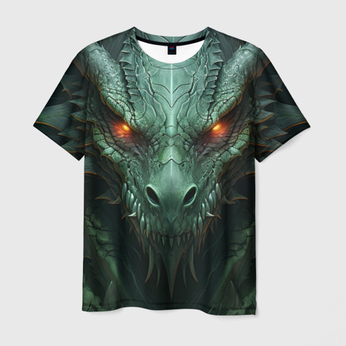 Мужская футболка 3D с принтом Зеленый дракон со светящимися глазами, вид спереди #2