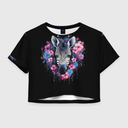 Женская футболка Crop-top 3D Портрет зебры в цветах