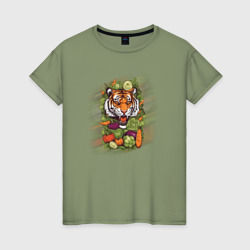 Тигр веган среди овощей  – Женская футболка хлопок с принтом купить со скидкой в -20%