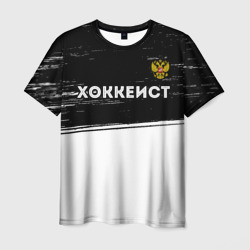 Мужская футболка 3D Хоккеист из России и герб РФ посередине