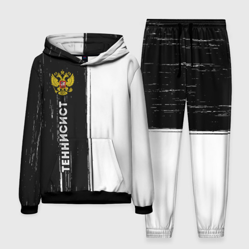 Мужской костюм с толстовкой 3D Теннисист из России и герб РФ по-вертикали, цвет черный