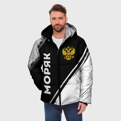 Мужская зимняя куртка 3D с принтом Моряк из России и герб РФ вертикально, фото на моделе #1