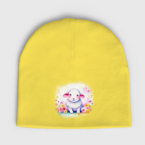 Детская шапка демисезонная с принтом Милая овечка в цветах, вид спереди №1