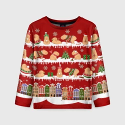 Детский лонгслив 3D Капибара с семьей на Новый год