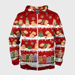 Мужская ветровка 3D Капибара с семьей на Новый год