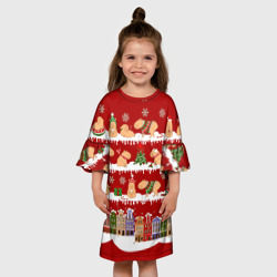 Платье с принтом Капибара с семьей на Новый год для ребенка, вид на модели спереди №3. Цвет основы: белый