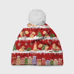 Шапка 3D c помпоном Капибара с семьей на Новый год