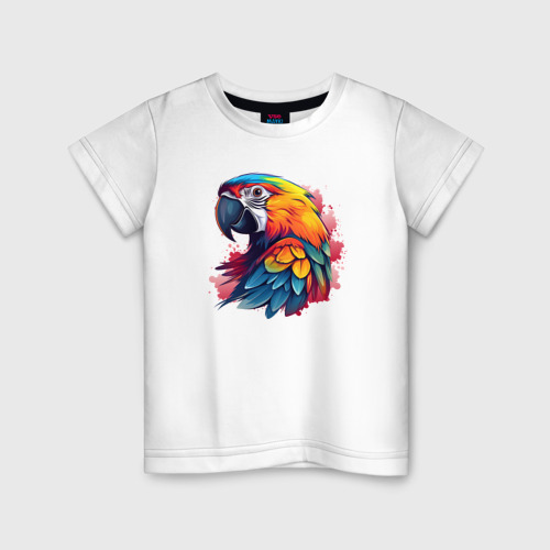 Детская футболка из хлопка с принтом Яркий попугай на красных брызгах, вид спереди №1