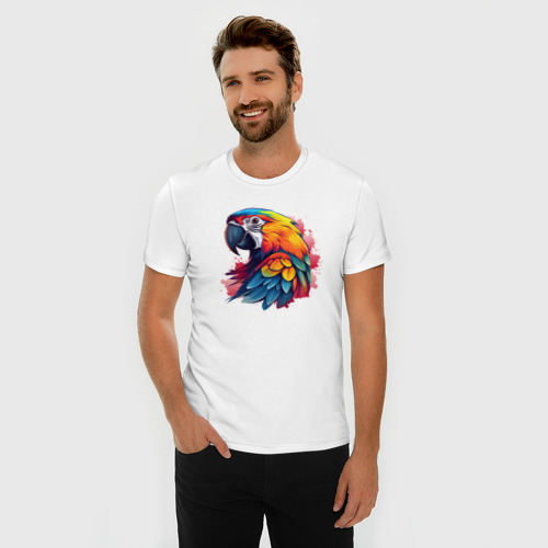 Мужская футболка хлопок Slim Яркий попугай на красных брызгах, цвет белый - фото 3