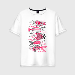 Женская футболка хлопок Oversize Рыбы для рыбака по мотивам мезенской росписи