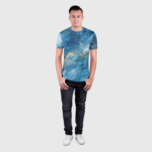Мужская футболка 3D Slim с принтом Синий мрамор, вид сбоку #3