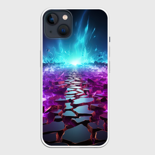 Чехол для iPhone 14 Plus с принтом Фиолетовые кристаллики с синяя абстракция, вид спереди №1