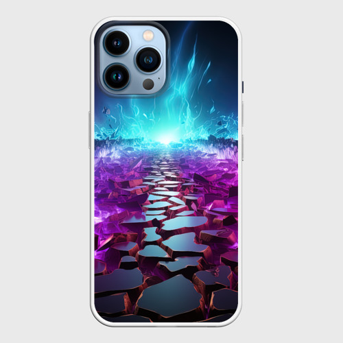 Чехол для iPhone 14 Pro Max с принтом Фиолетовые кристаллики с синяя абстракция, вид спереди №1