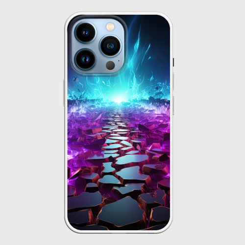 Чехол для iPhone 14 Pro с принтом Фиолетовые кристаллики с синяя абстракция, вид спереди №1