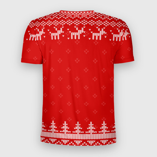 Мужская футболка 3D Slim с принтом Новогодний Сергей: свитер с оленями, вид сзади #1
