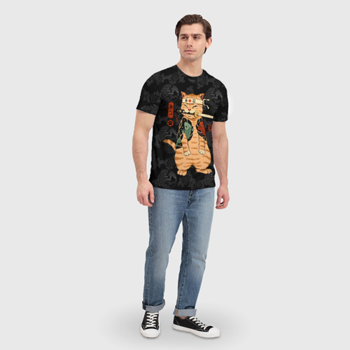 Мужская футболка 3D с принтом Кот самурай якудза с карпами, вид сбоку #3