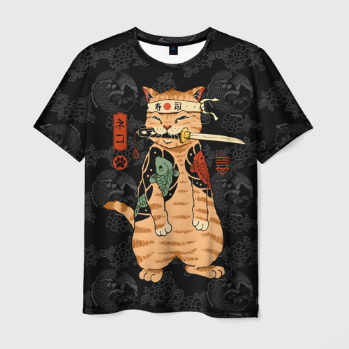 Мужская футболка 3D с принтом Кот самурай якудза с карпами, вид спереди #2