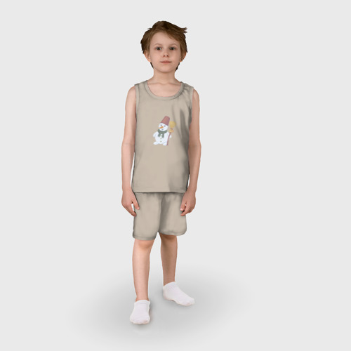 Детская пижама с шортами хлопок Снеговик с метлой, цвет миндальный - фото 3