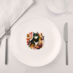 Набор: тарелка + кружка Сиба черный в венке осенних листьев - фото 2