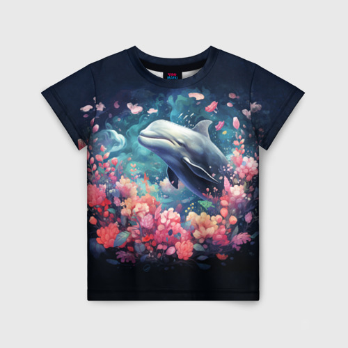 Детская футболка с принтом Фантазийный кит белуха под водой, вид спереди №1