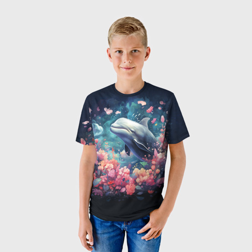 Детская футболка 3D с принтом Фантазийный кит белуха под водой, фото на моделе #1