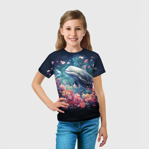 Детская футболка 3D с принтом Фантазийный кит белуха под водой, вид сбоку #3