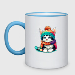 Кружка двухцветная Милый котик в шапке и шарфе зима 