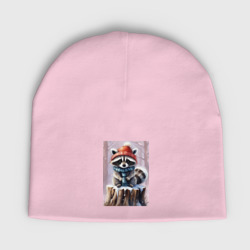 Детская шапка демисезонная Зимний енот в шапке  на пеньке в лесу 
