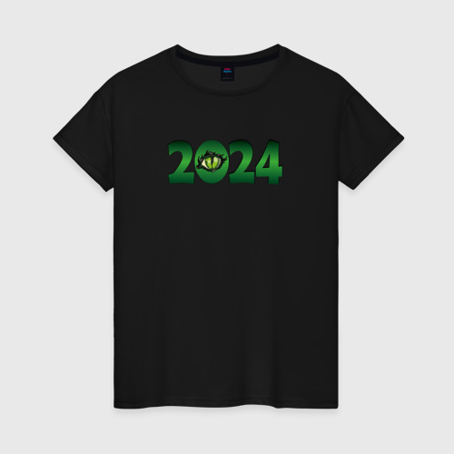 Женская футболка хлопок с принтом Взгляд дракона  2024, вид спереди #2